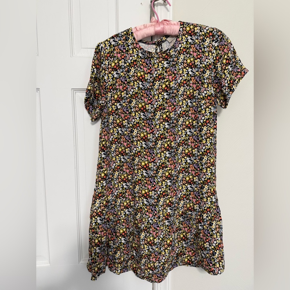 LOFT Black Floral Short Sleeve Dress with Multicolor Flowers